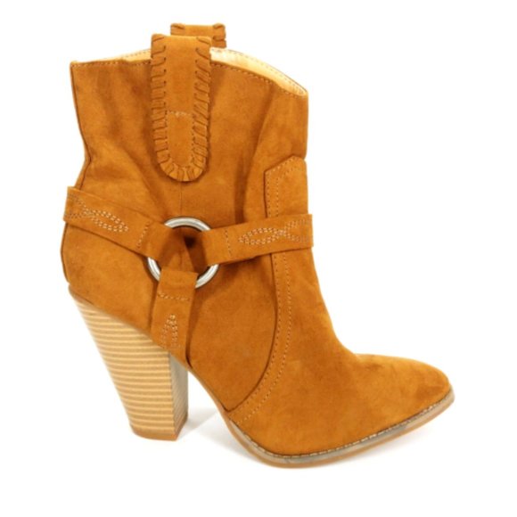 Express Shoes - Express Womens Western Ankle Boots 8 Chestnut Brown Fabric O Ring Block Heel